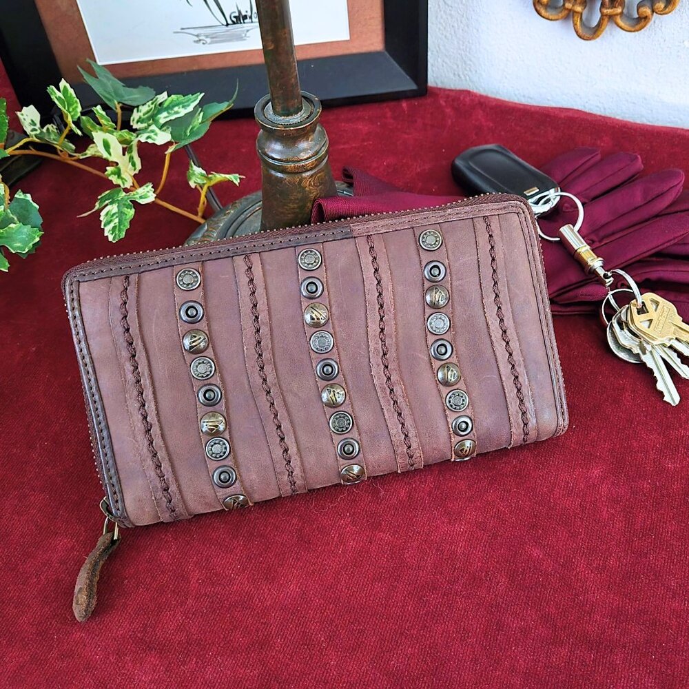 Harbour 2nd Soft Leather Zip-Around Wallet Distressed Studded Embellished, NICE! - Picture 16 of 16